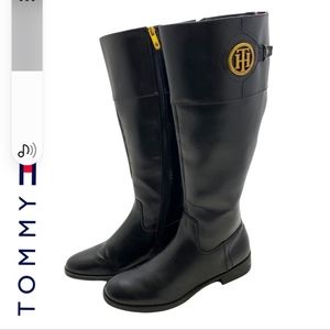 TOMMY HILFIGER TWINEZZA BLACK VEGAN LEATHER HIGH LEATHER RIDING BOOTS SIZE 8.5M